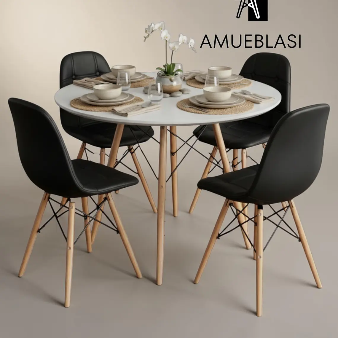 Comedor Redondo Melamina 4 Sillas Buckle – Mesa Eames 21