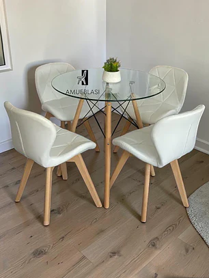 Comedor Mesa Redonda Vidrio Eames + 4 Sillas Radar Fiori