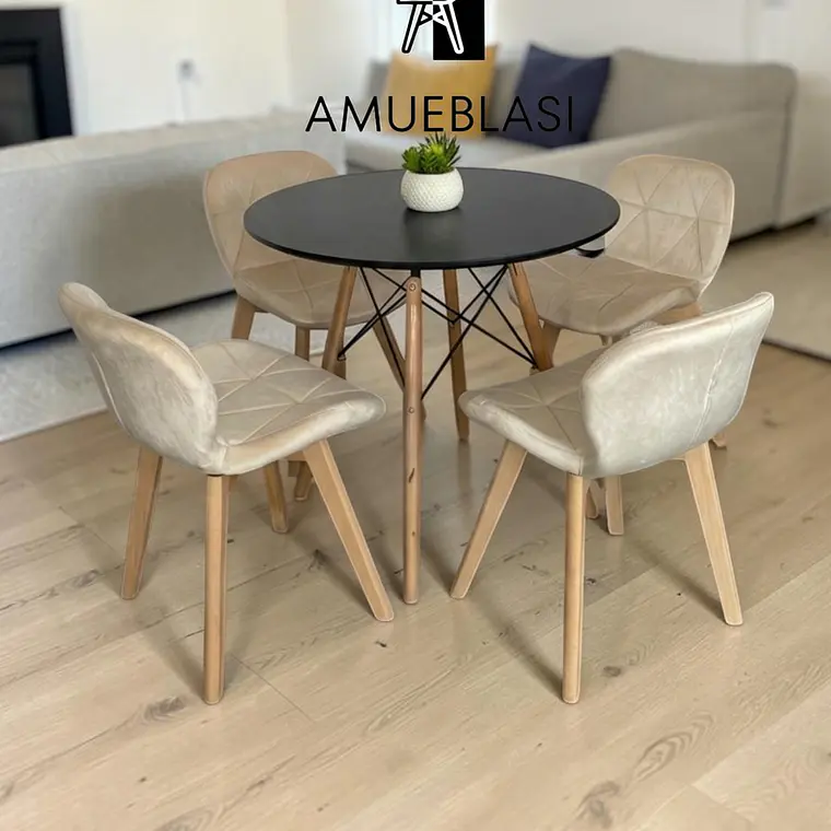 Comedor Mesa Redondas Melamina Eames + 4 Sillas Radar Velvet 14