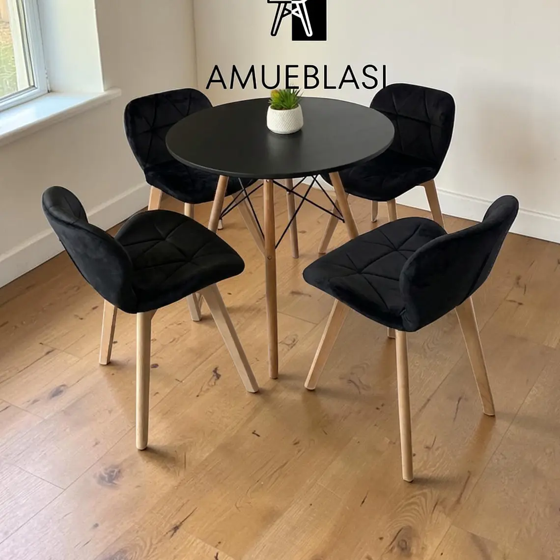Comedor Mesa Redondas Melamina Eames + 4 Sillas Radar Velvet 19