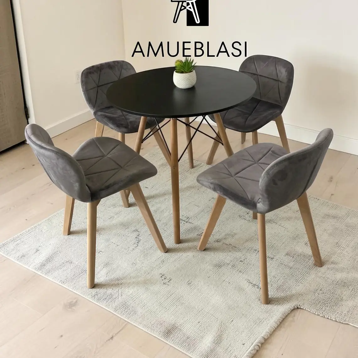 Comedor Mesa Redondas Melamina Eames + 4 Sillas Radar Velvet 20