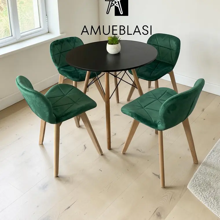 Comedor Mesa Redondas Melamina Eames + 4 Sillas Radar Velvet 22