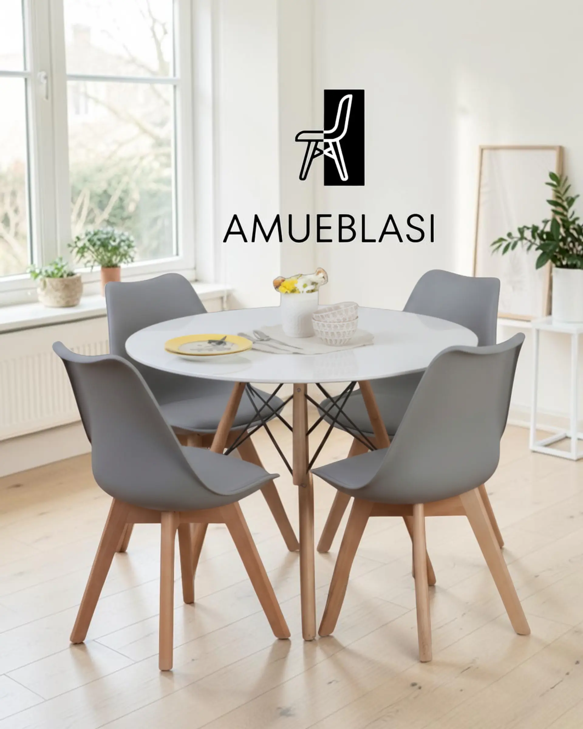 Comedor Redondo Melamina Eames con Sillas Tulip 17