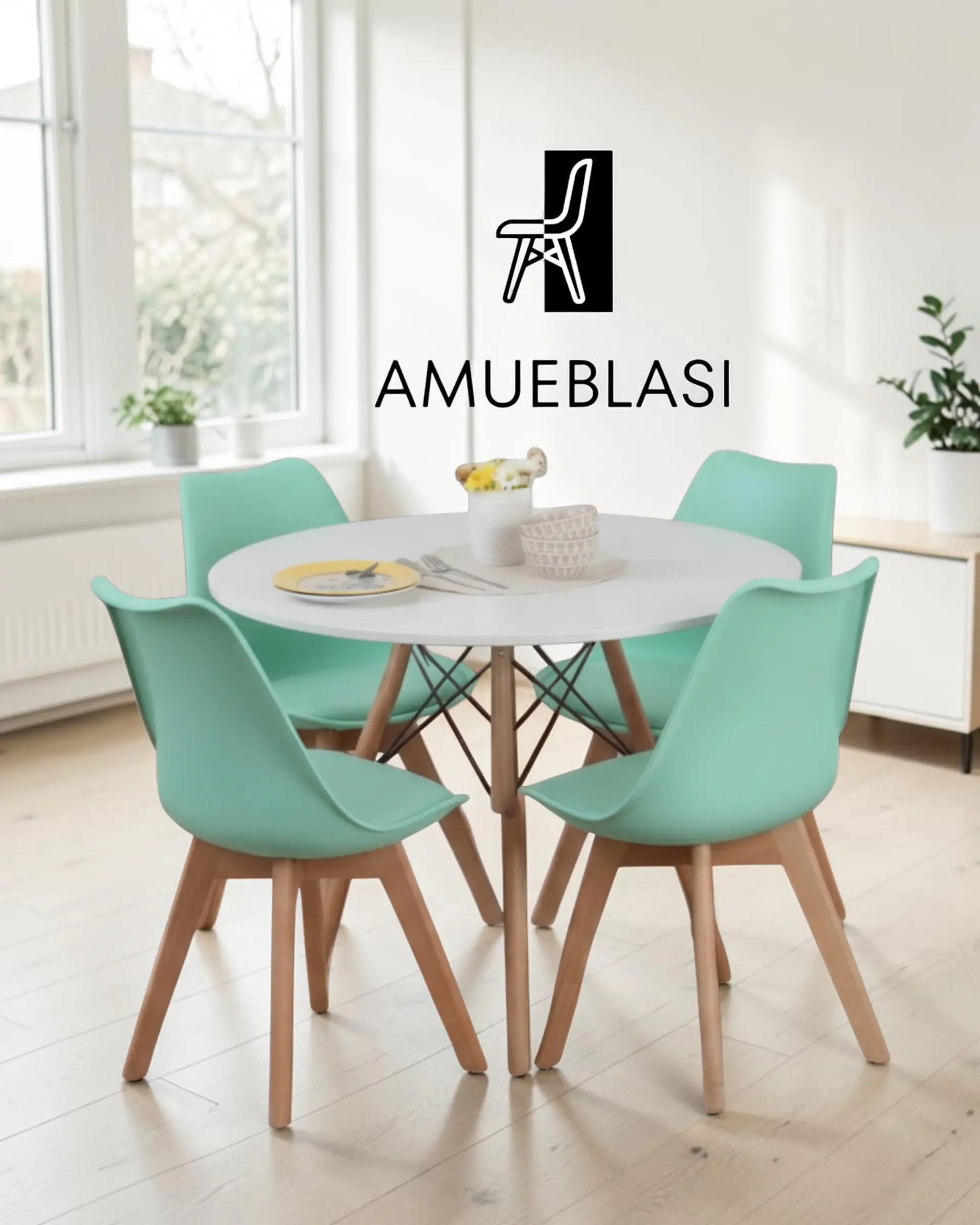 Comedor Redondo Melamina Eames con Sillas Tulip 34