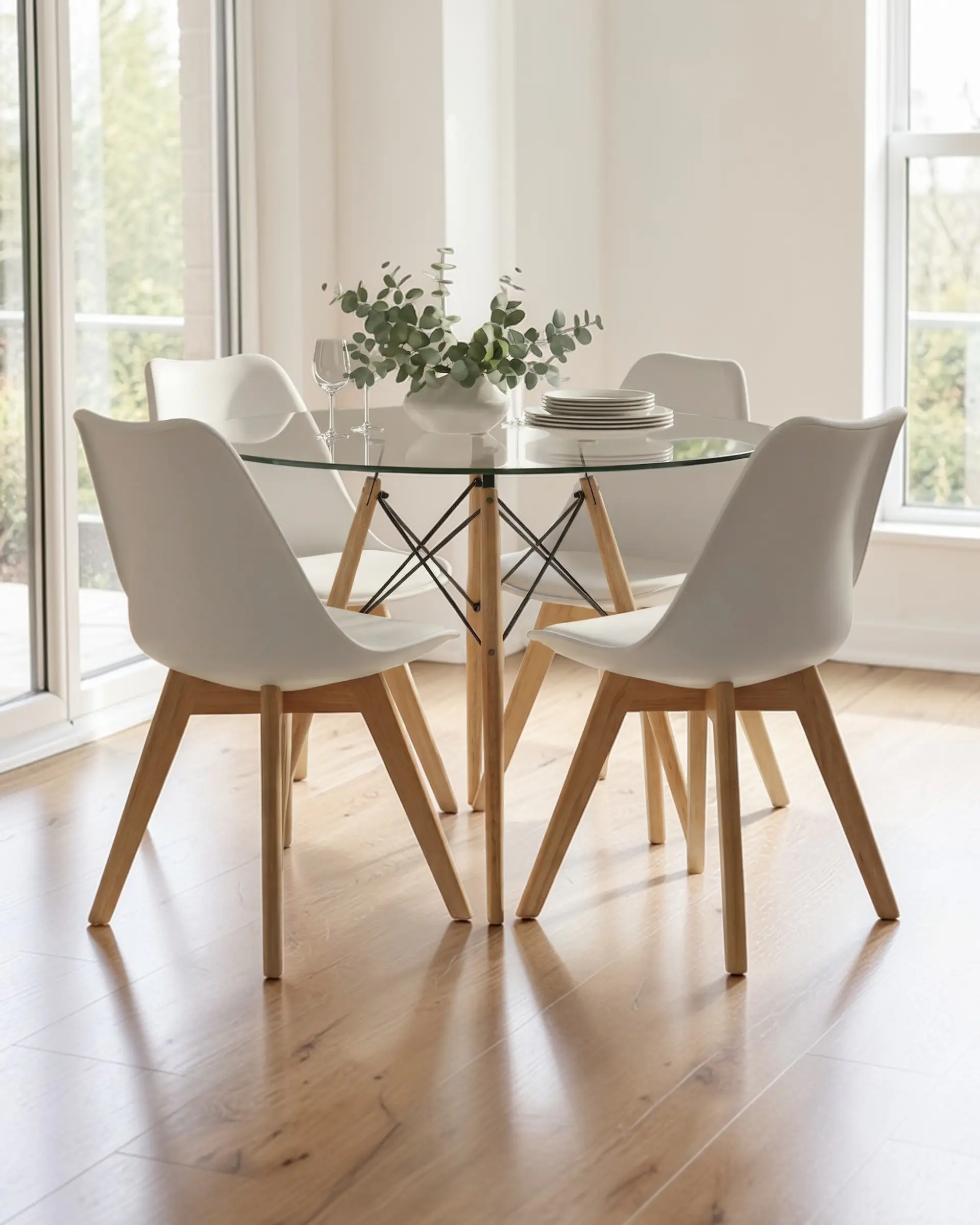 Comedor Redondo Vidrio Eames con Sillas Tulip 5