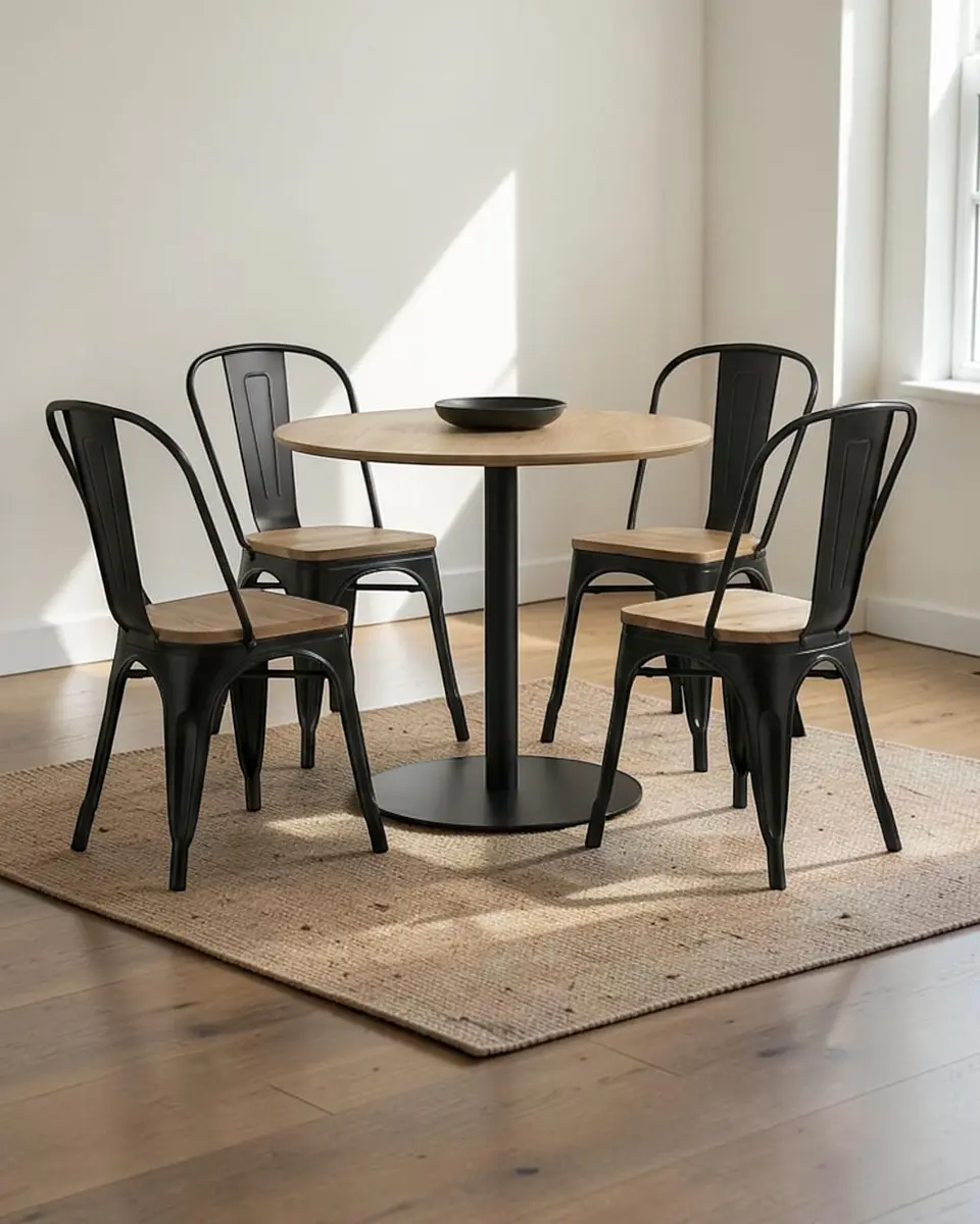 Comedor Redondo Tulip Nordico con Sillas Tolix negras 1