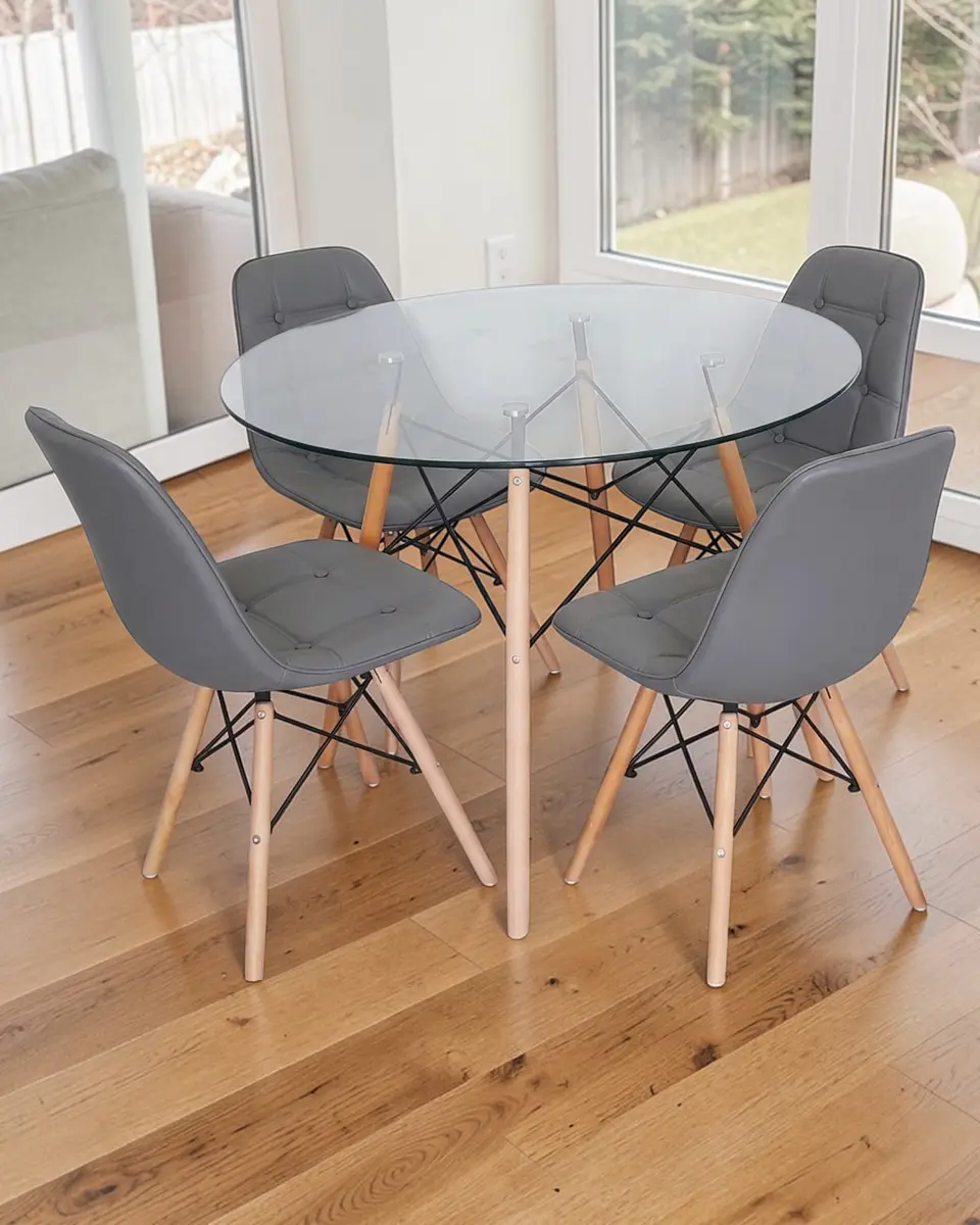 Comedor Redondo Vidrio Eames con Sillas Buckle 6