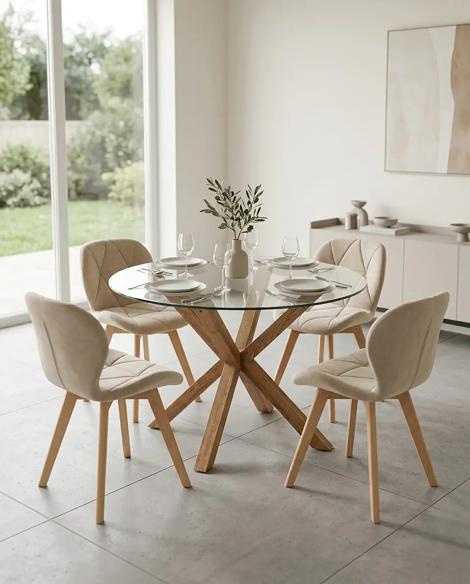 Comedor Redondo Vidrio Madrid con Sillas Radar Velvet 1