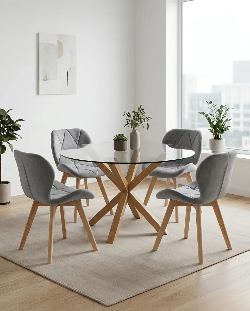 Comedor Redondo Vidrio Madrid con Sillas Radar Velvet 2