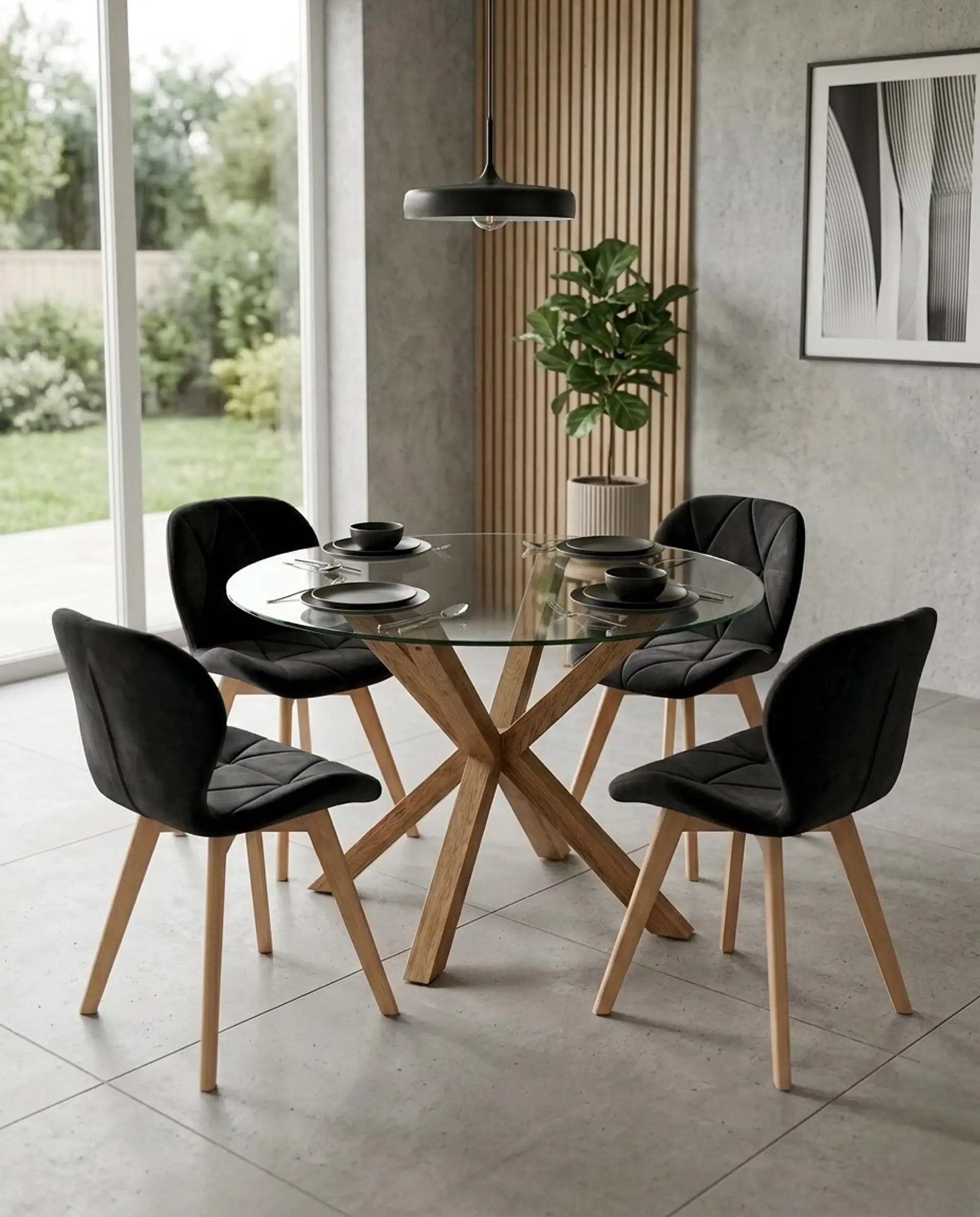 Comedor Redondo Vidrio Madrid con Sillas Radar Velvet 3