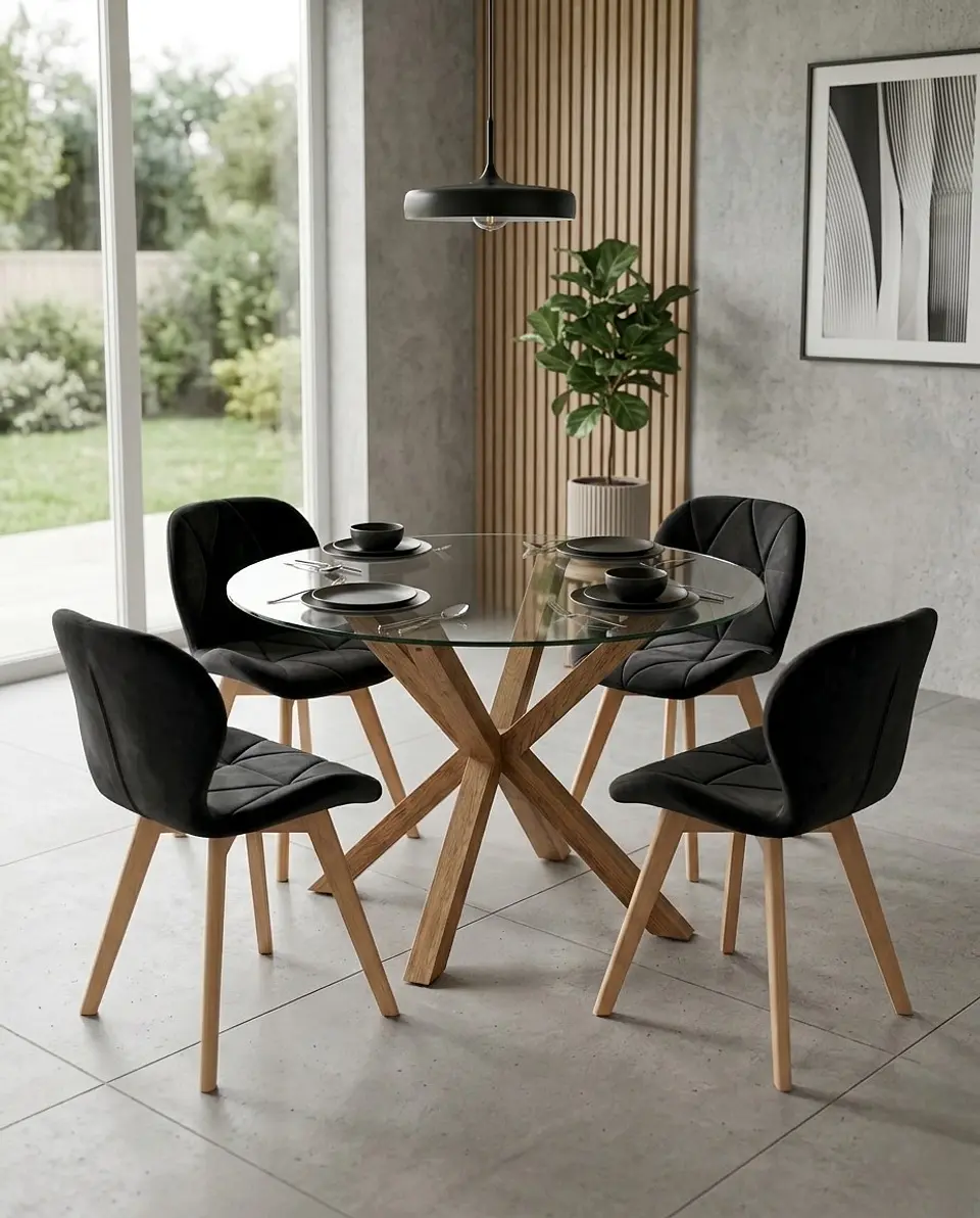 Comedor Redondo Vidrio Madrid con Sillas Radar Velvet 3