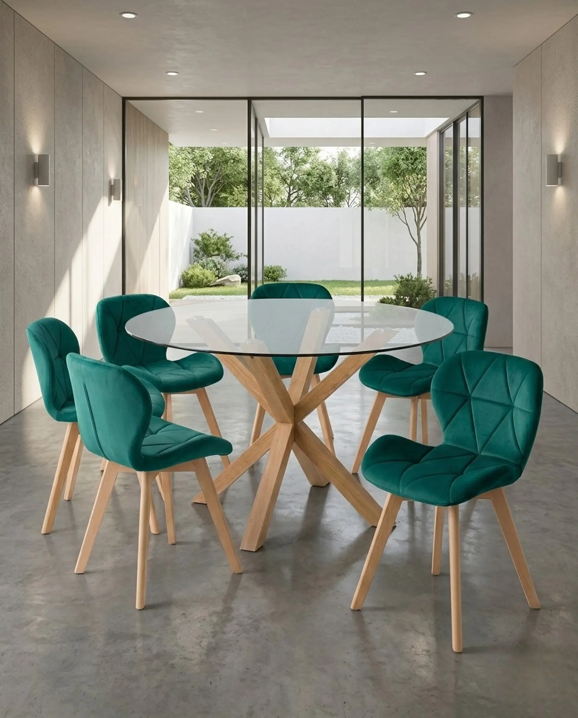 Comedor Redondo Vidrio Madrid con Sillas Radar Velvet 5