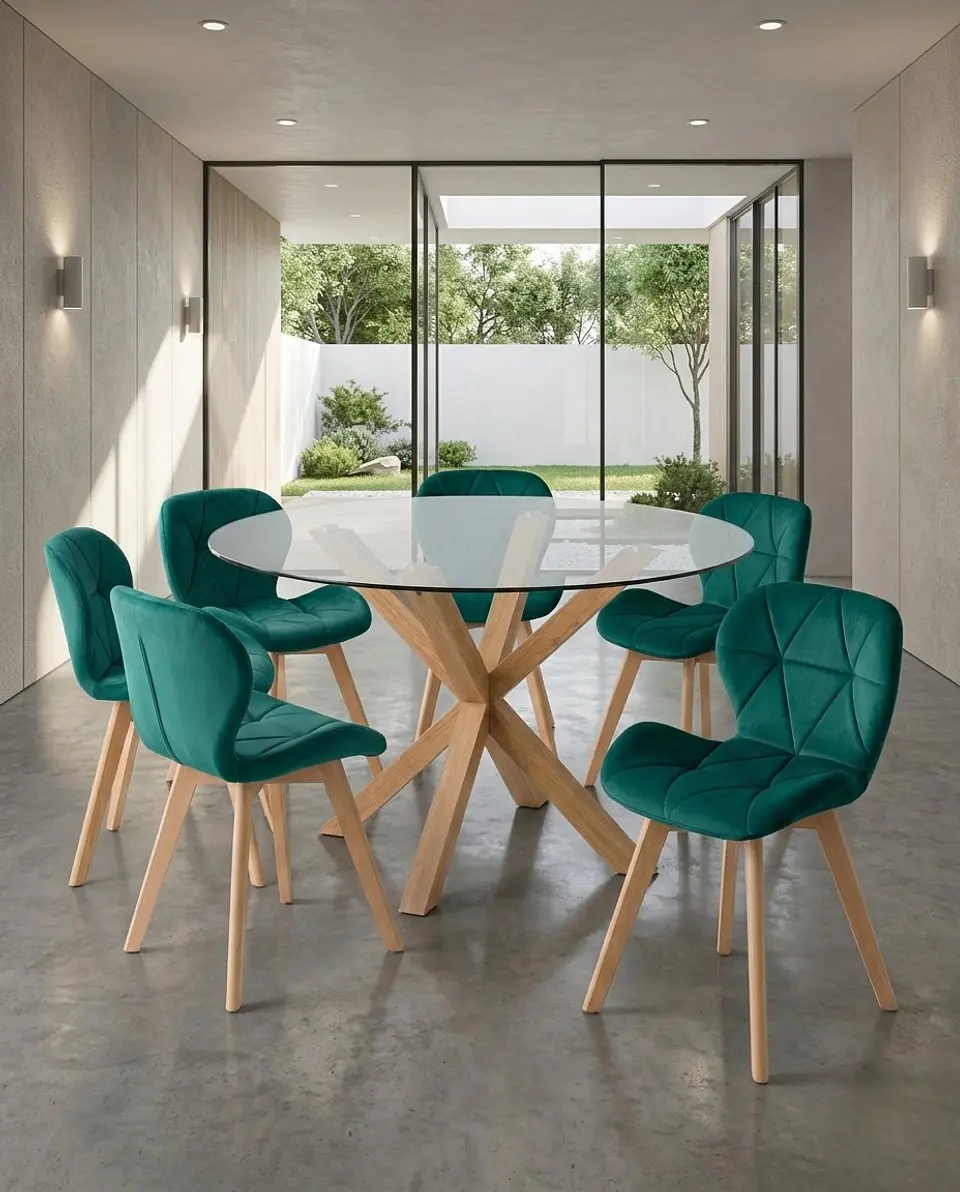 Comedor Redondo Vidrio Madrid con Sillas Radar Velvet 5