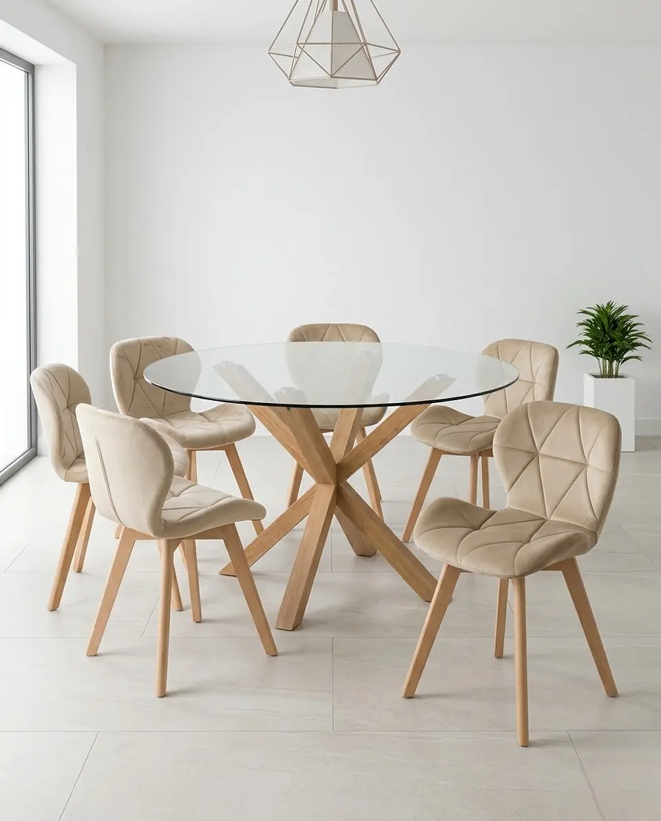 Comedor Redondo Vidrio Madrid con Sillas Radar Velvet 6