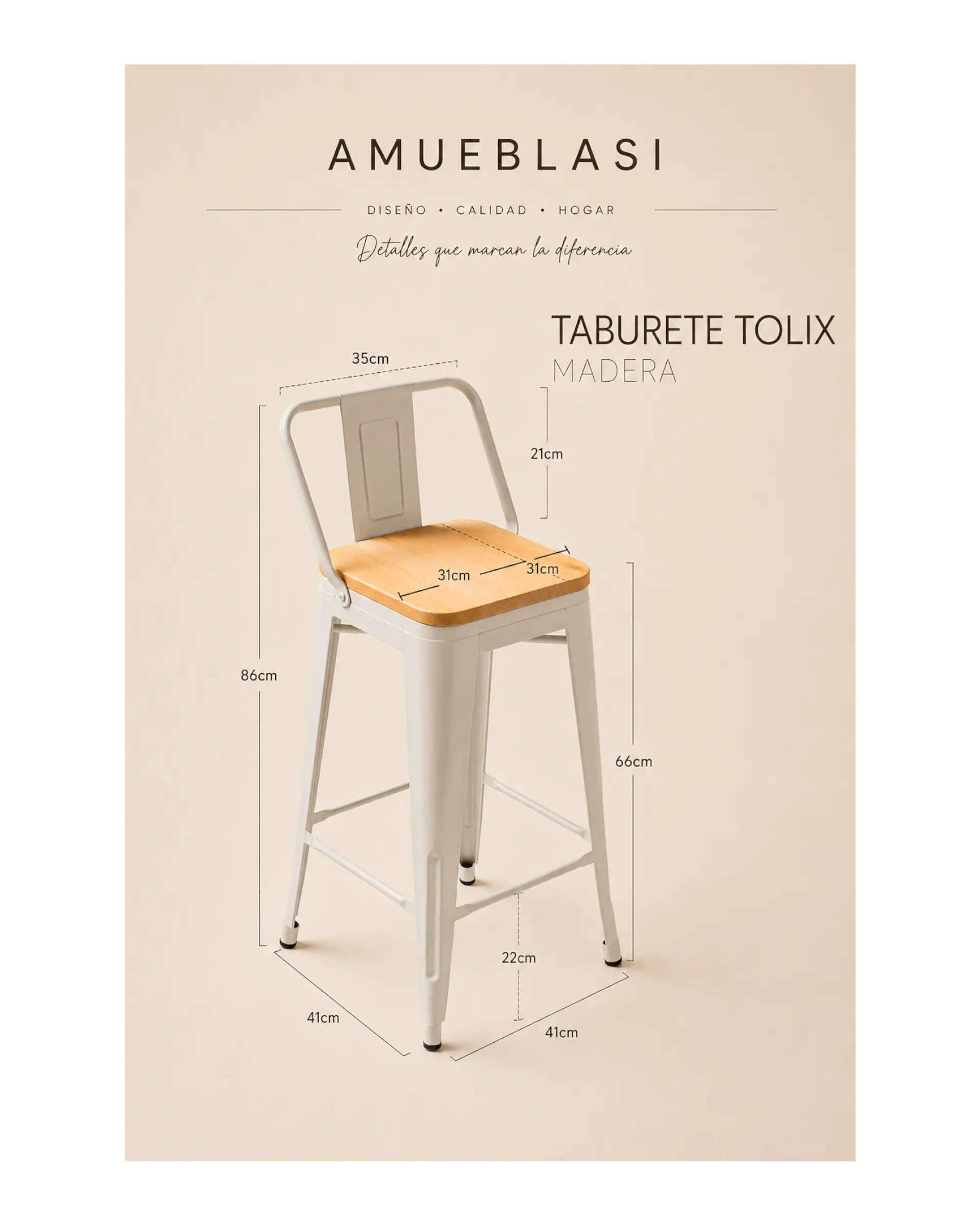 Taburete Tolix Asiento de Madera 66 cm 6