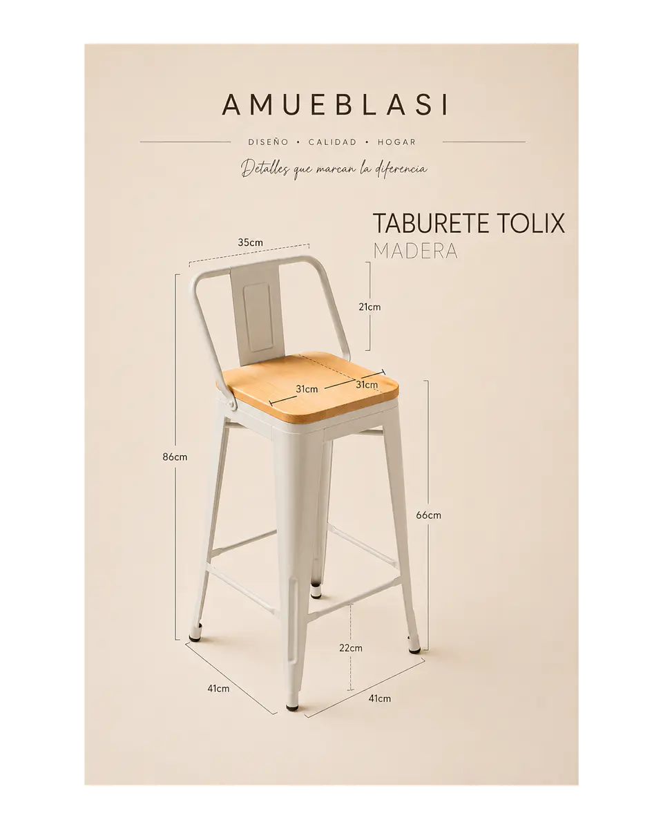 Taburete Tolix Asiento de Madera 66 cm 6