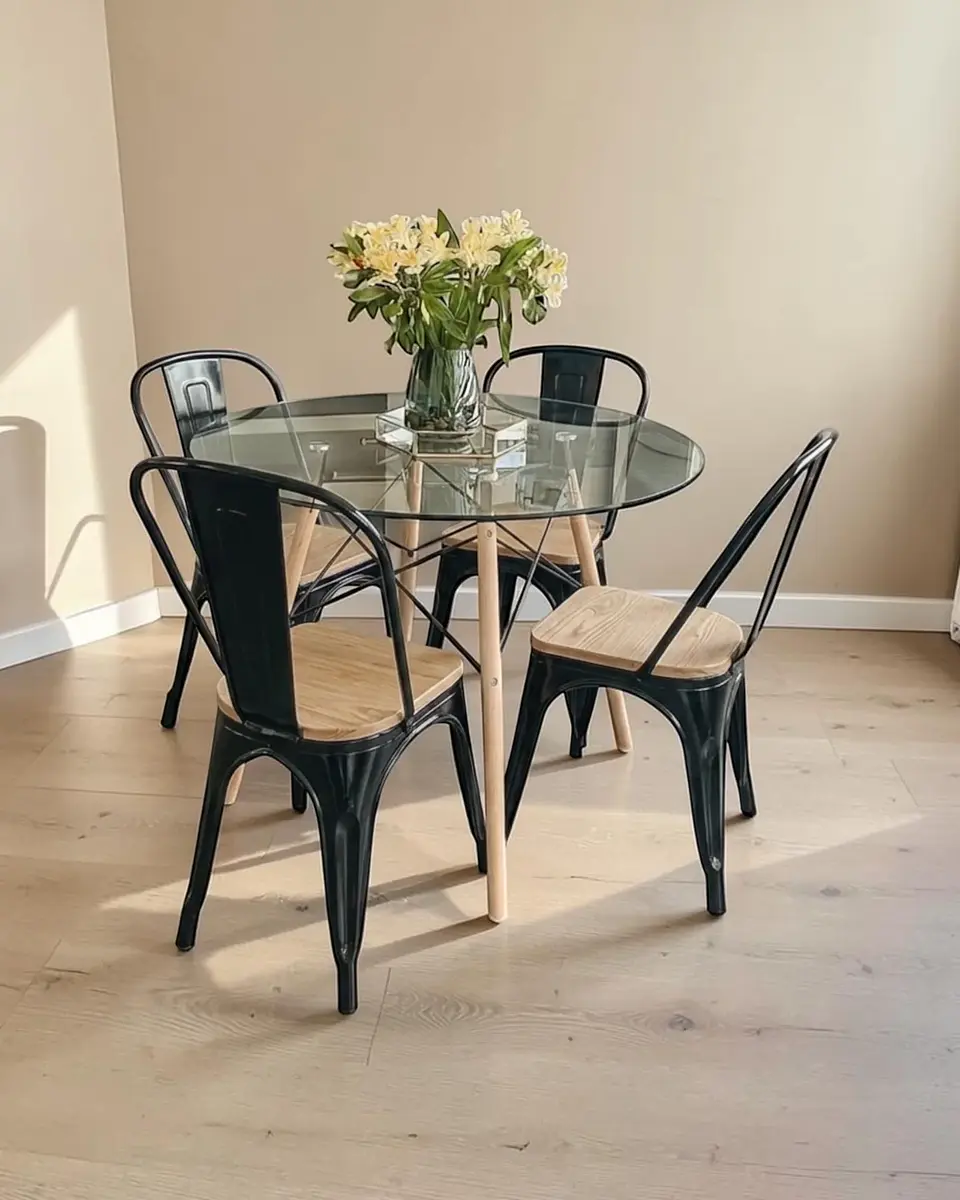 Comedor Redondo Vidrio Eames con Sillas Tolix Madera  2