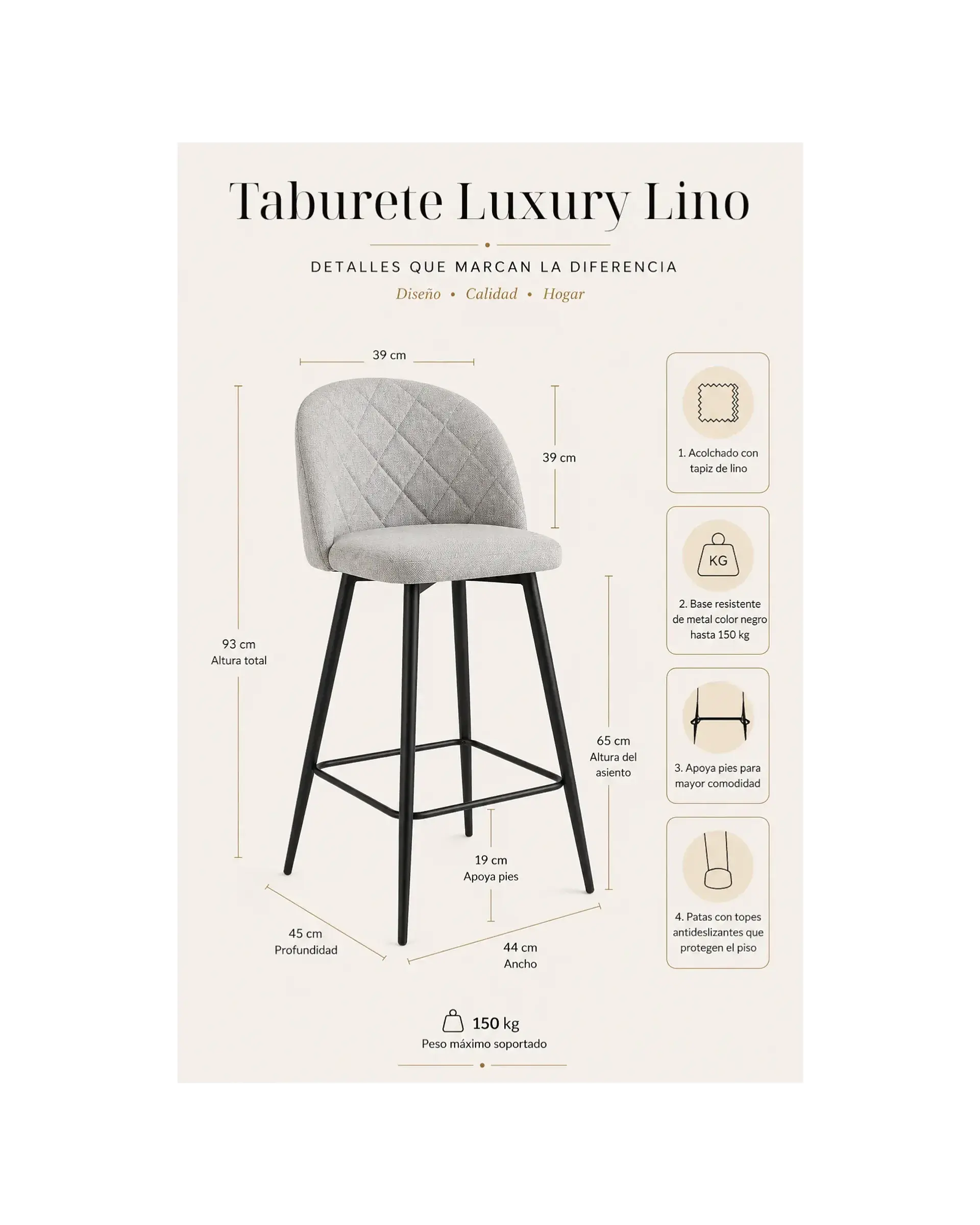 Taburete Luxury Lino con Patas Negras 65 cm 11