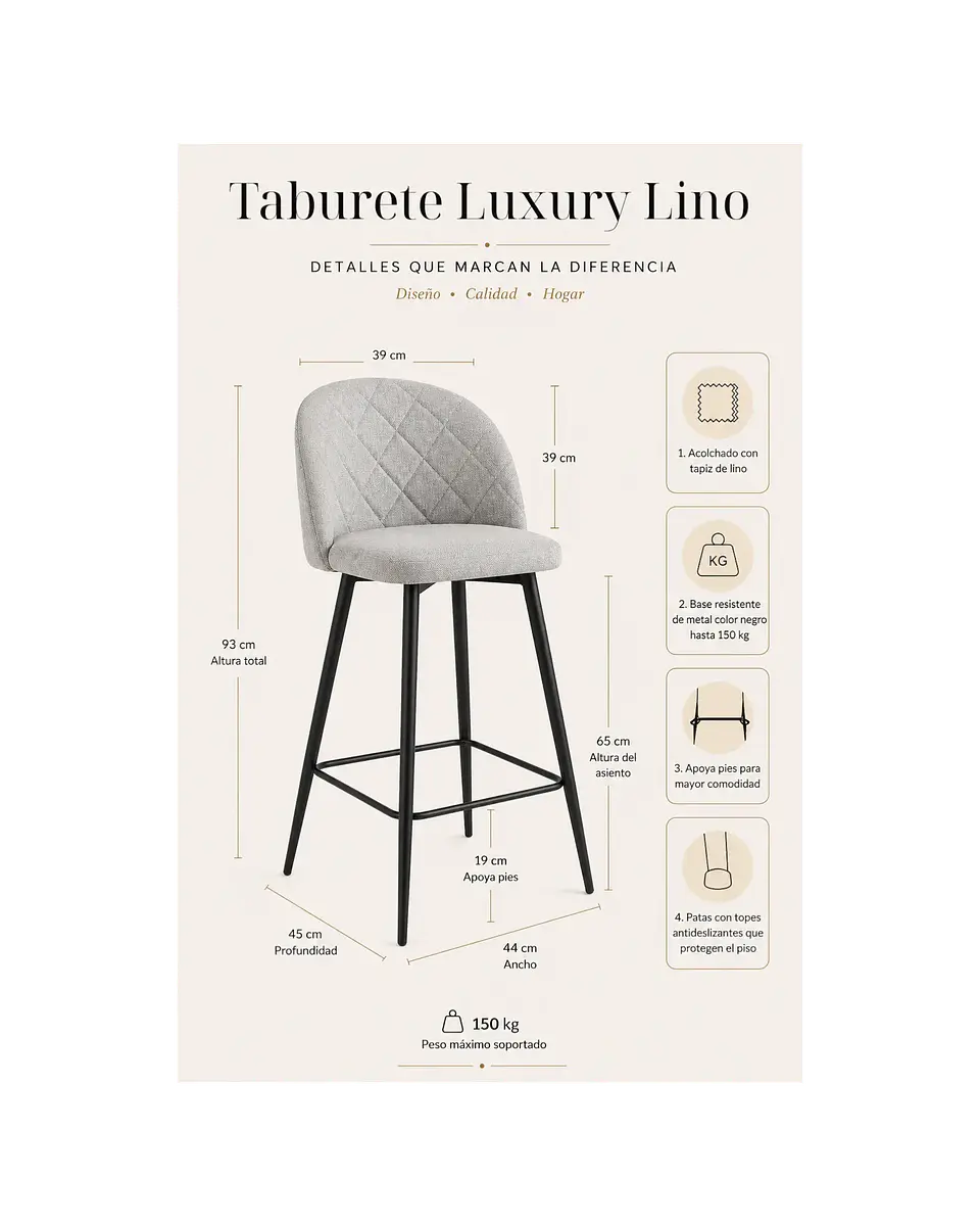 Taburete Luxury Lino con Patas Negras 65 cm 11