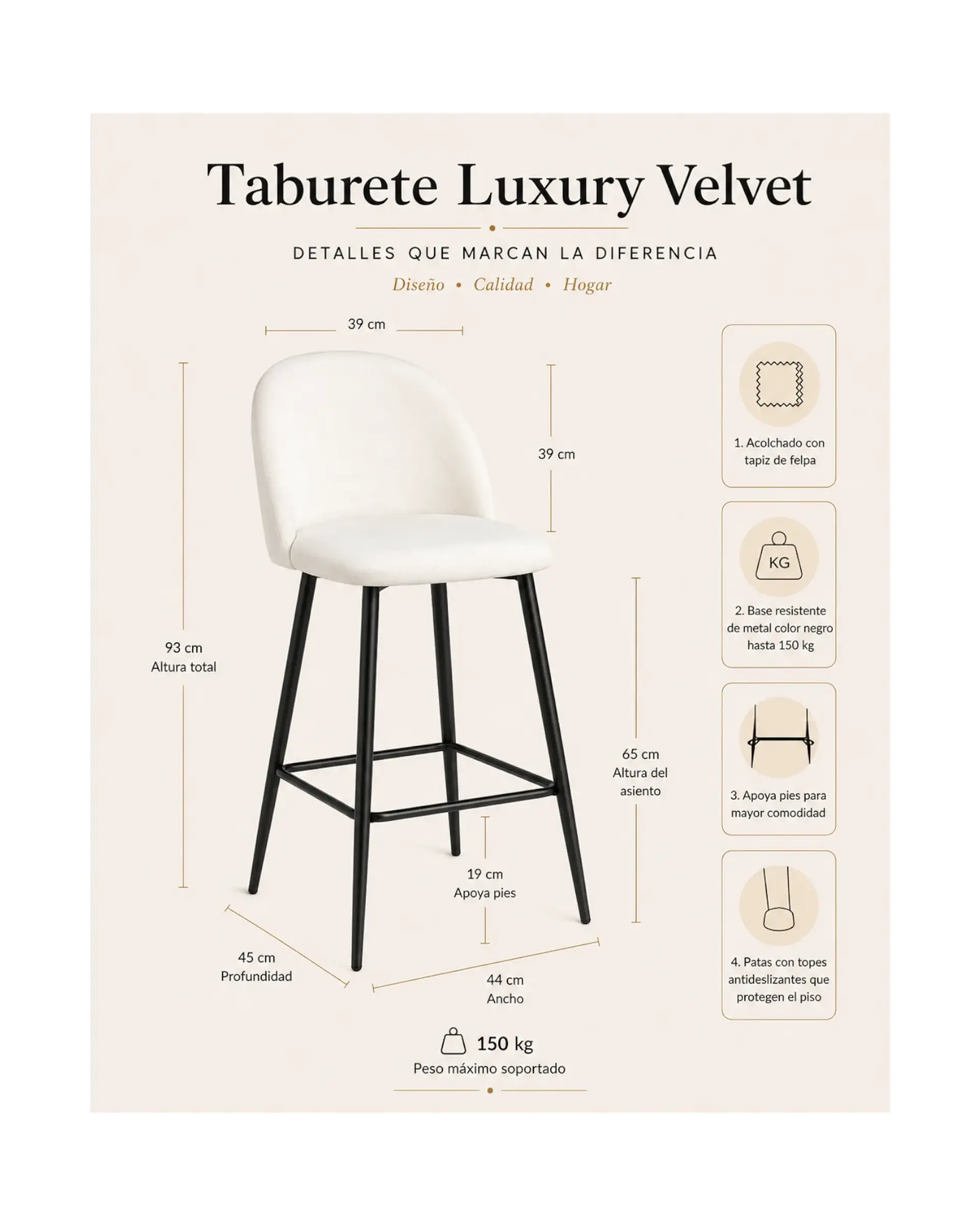 Taburete Luxury Velvet con Patas Negras 65 cm 7