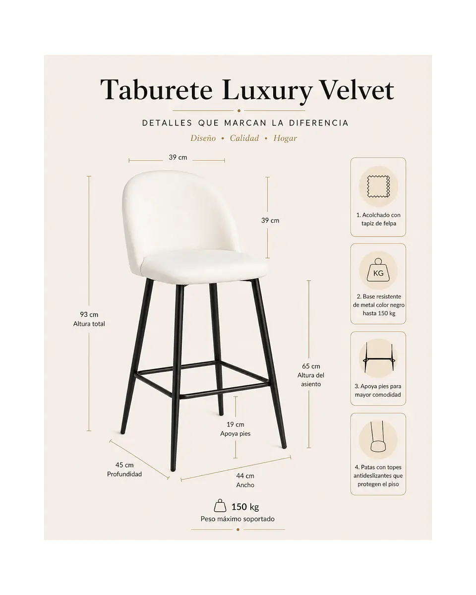 Taburete Luxury Velvet con Patas Negras 65 cm 7