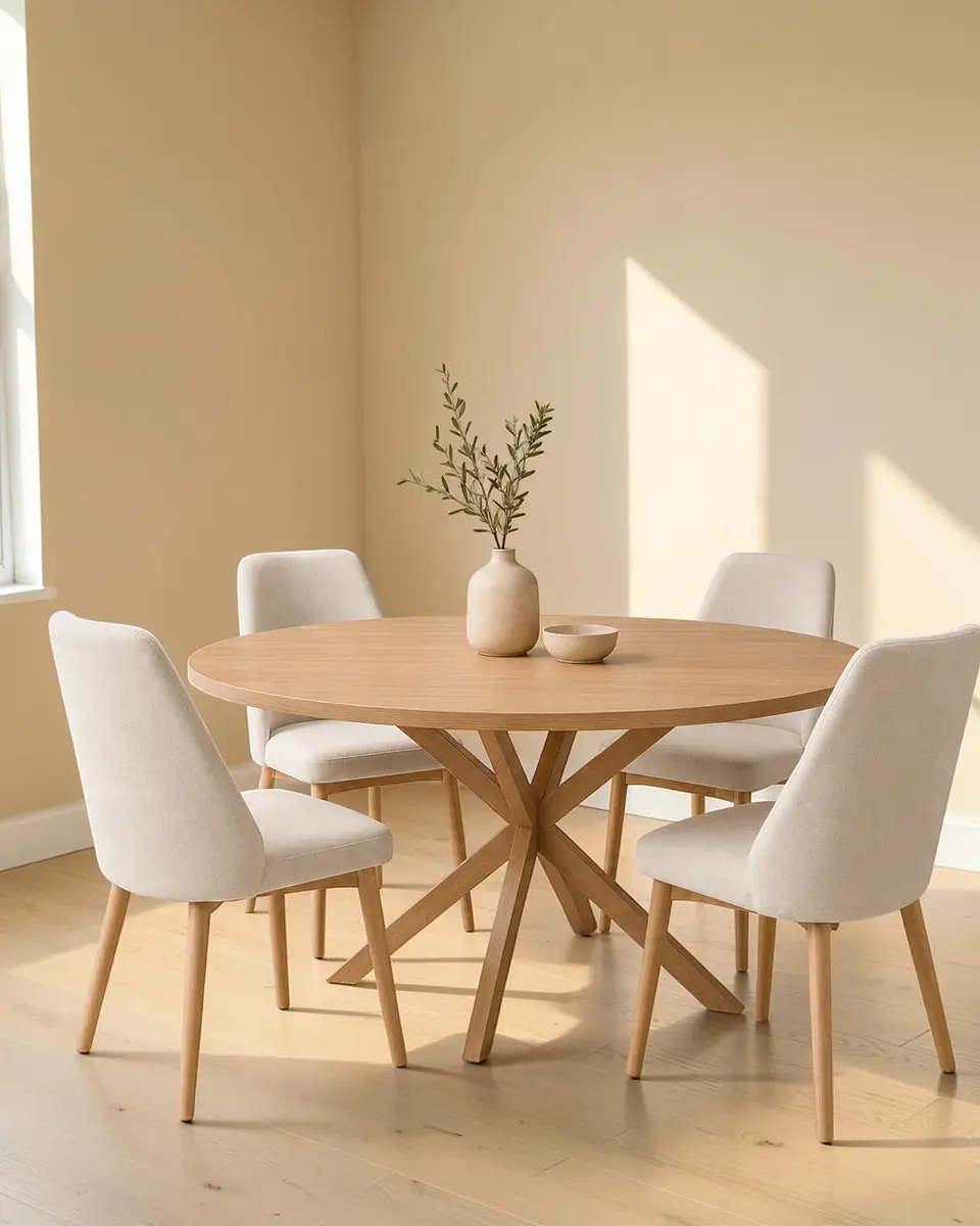 Comedor Redondo Madrid Madera con Sillas Lena Tela 3