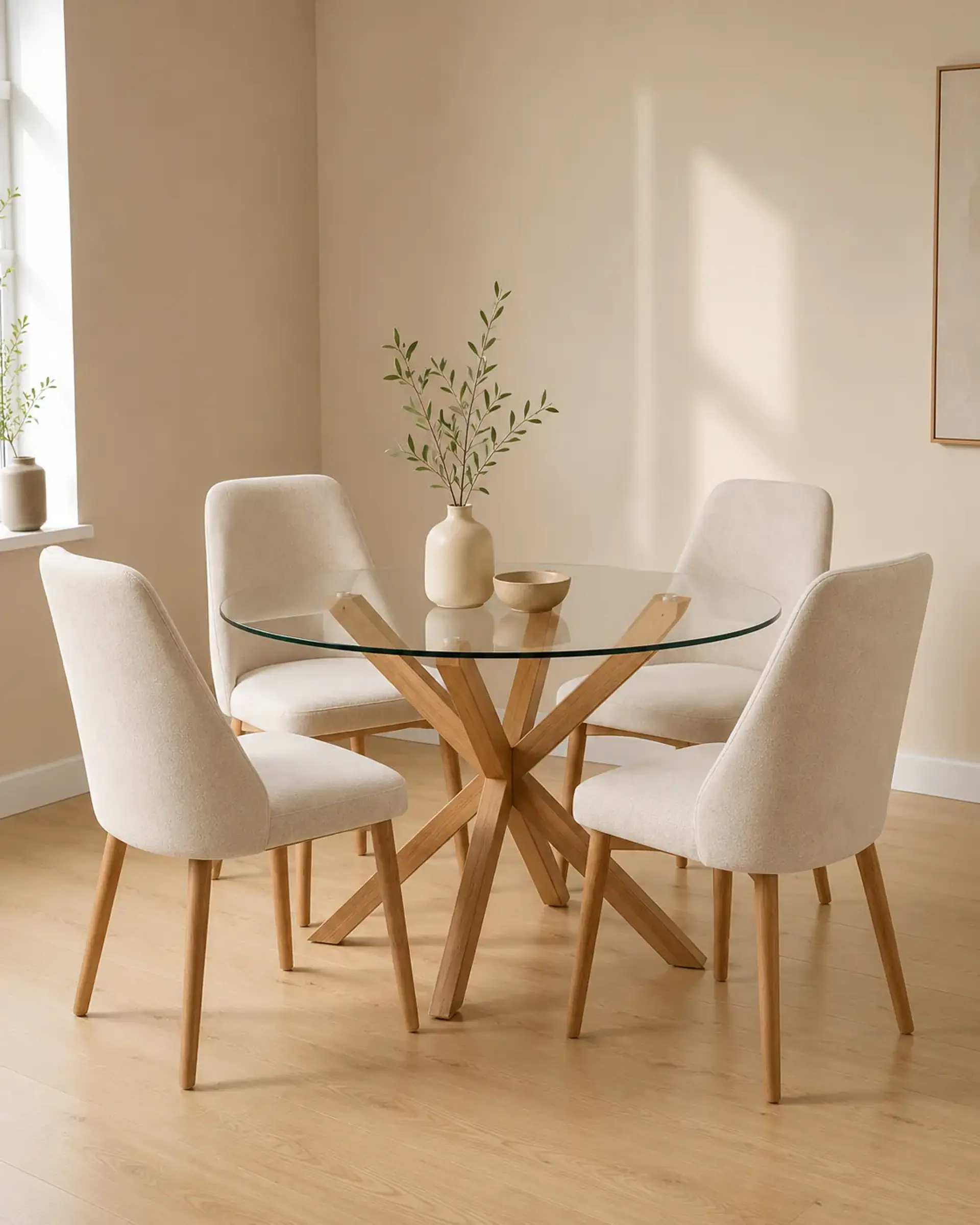 Comedor Redondo Vidrio Madrid con Sillas Lena Tela 1