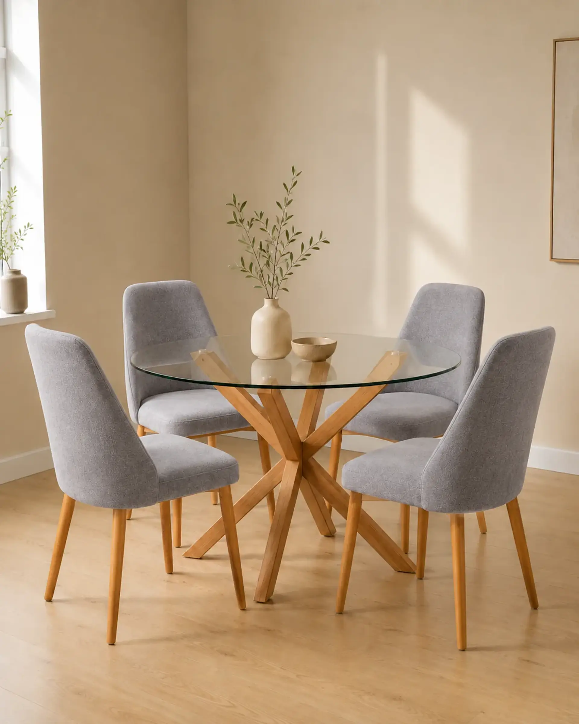 Comedor Redondo Vidrio Madrid con Sillas Lena Tela 2