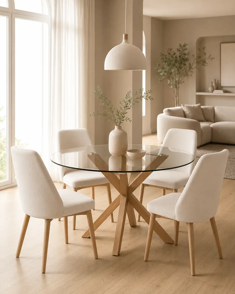 Comedor Redondo Vidrio Madrid con Sillas Lena Tela 3