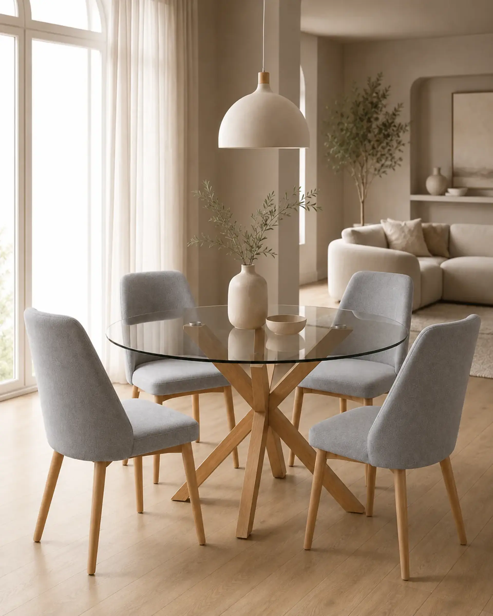 Comedor Redondo Vidrio Madrid con Sillas Lena Tela 4