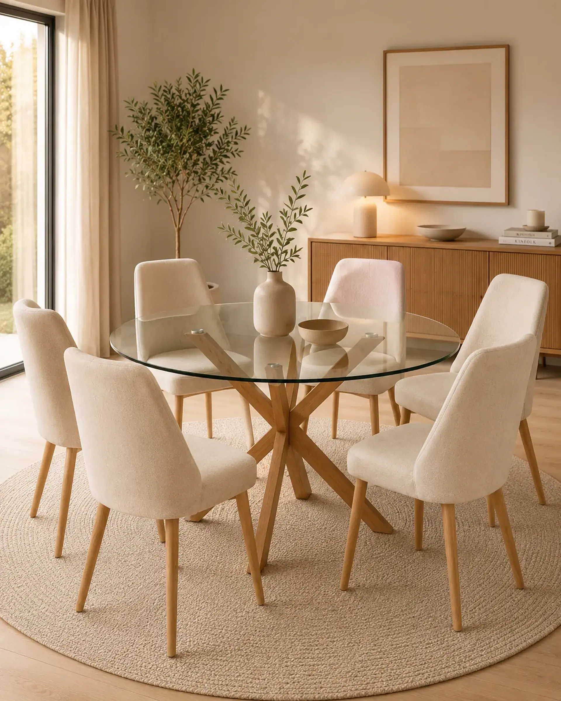 Comedor Redondo Vidrio Madrid con Sillas Lena Tela 5