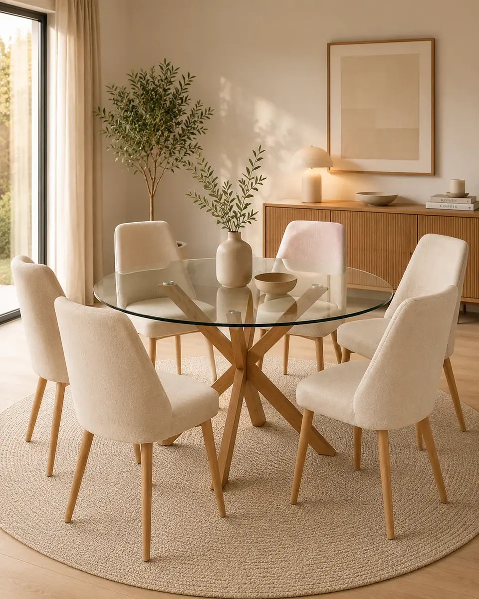 Comedor Redondo Vidrio Madrid con Sillas Lena Tela 5