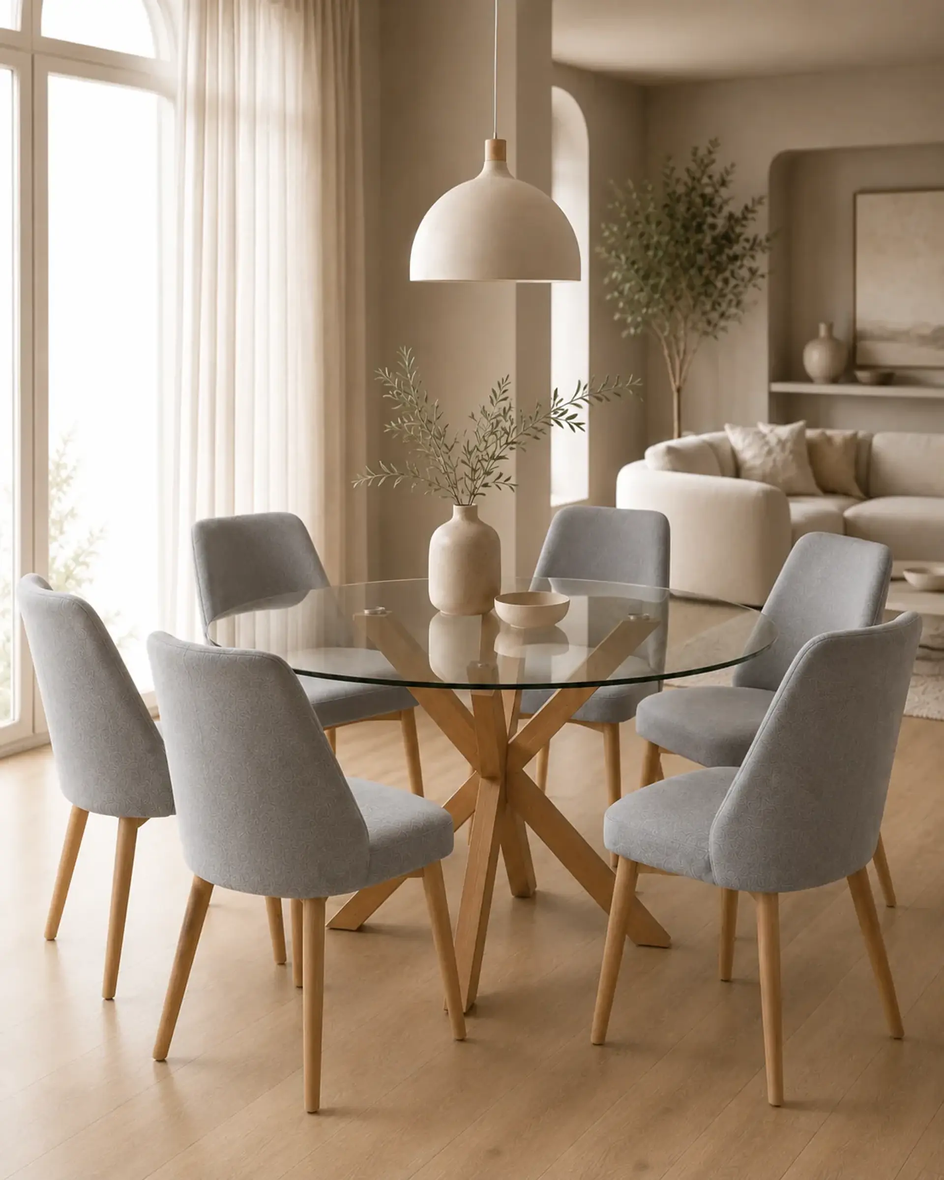 Comedor Redondo Vidrio Madrid con Sillas Lena Tela 6