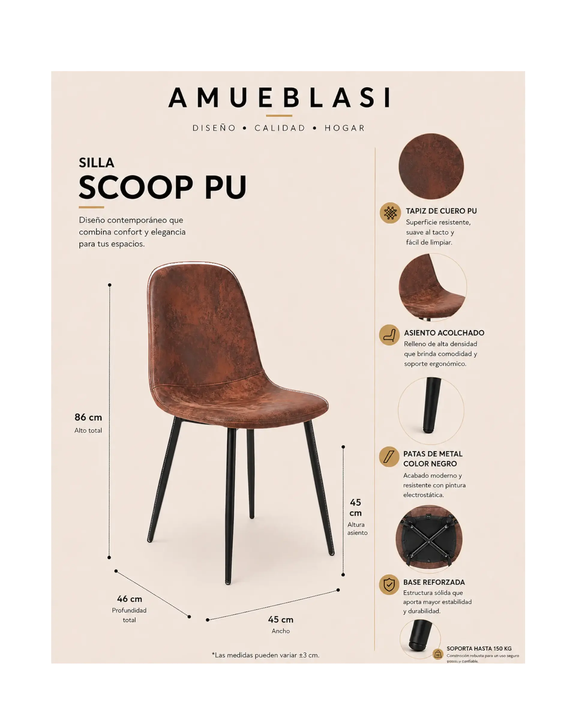 Pack 6 Sillas Scoop PU Patas Negras 7