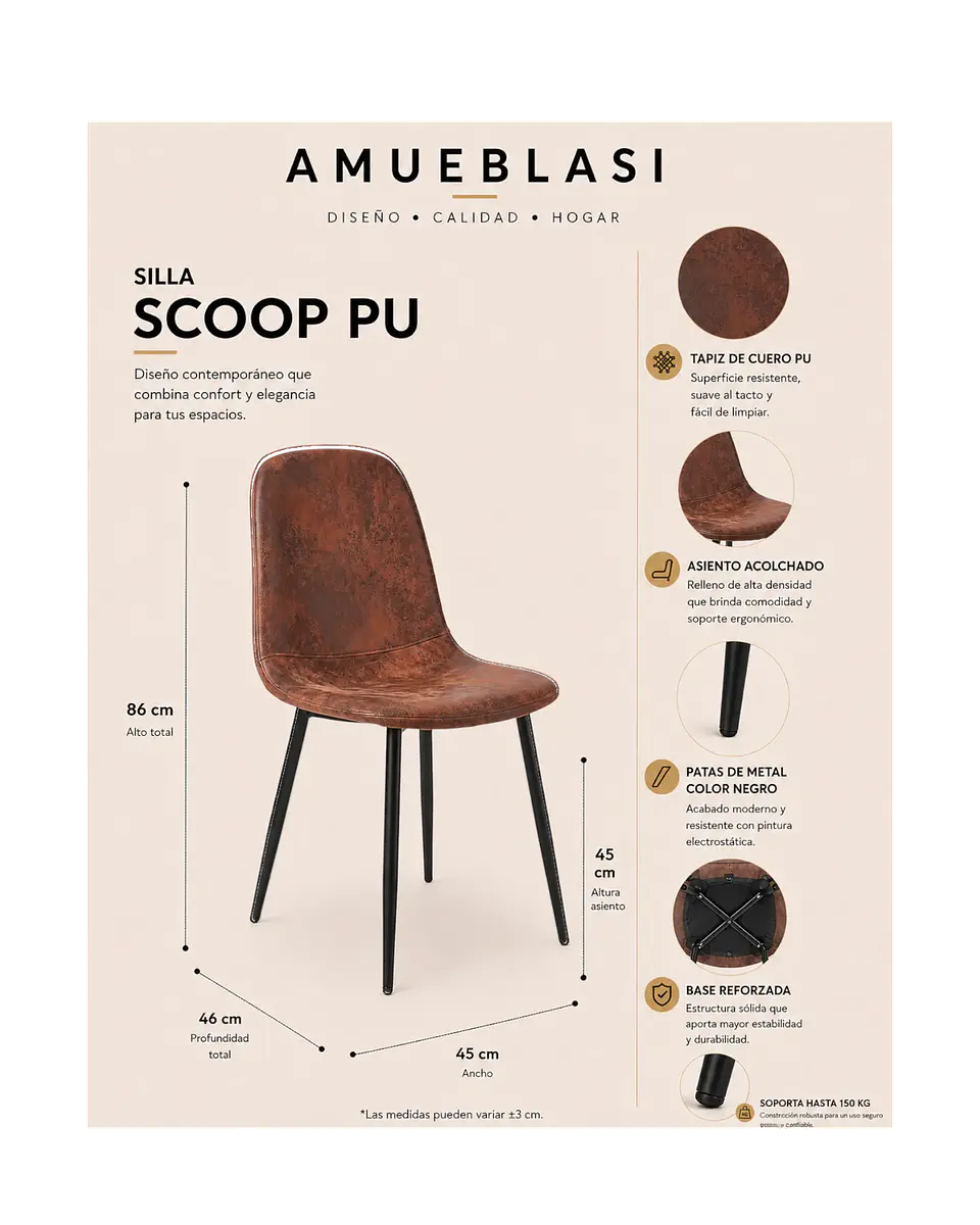 Pack 2 Sillas Scoop PU Patas Negras 7
