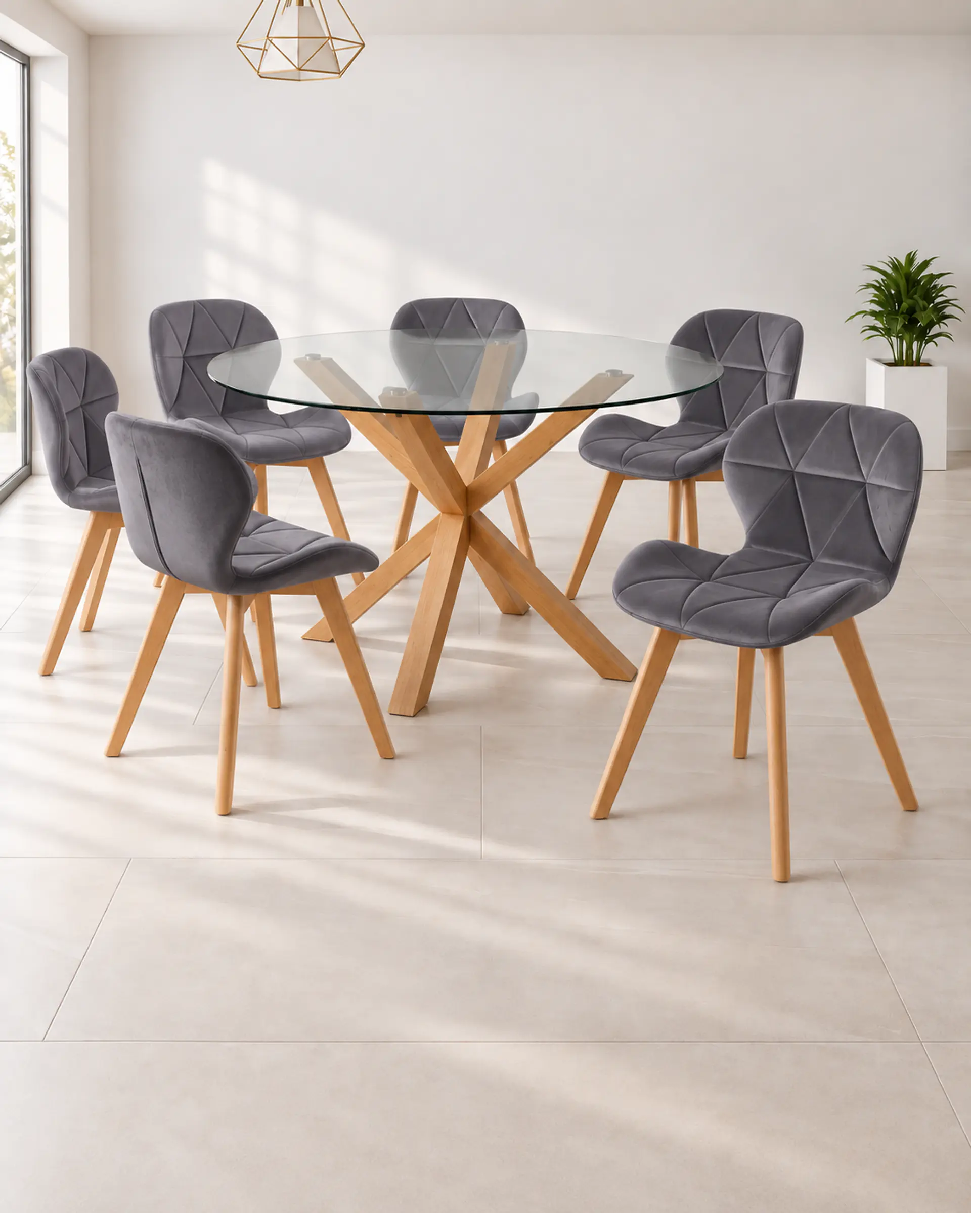 Comedor Redondo Vidrio Madrid con Sillas Radar Velvet 7