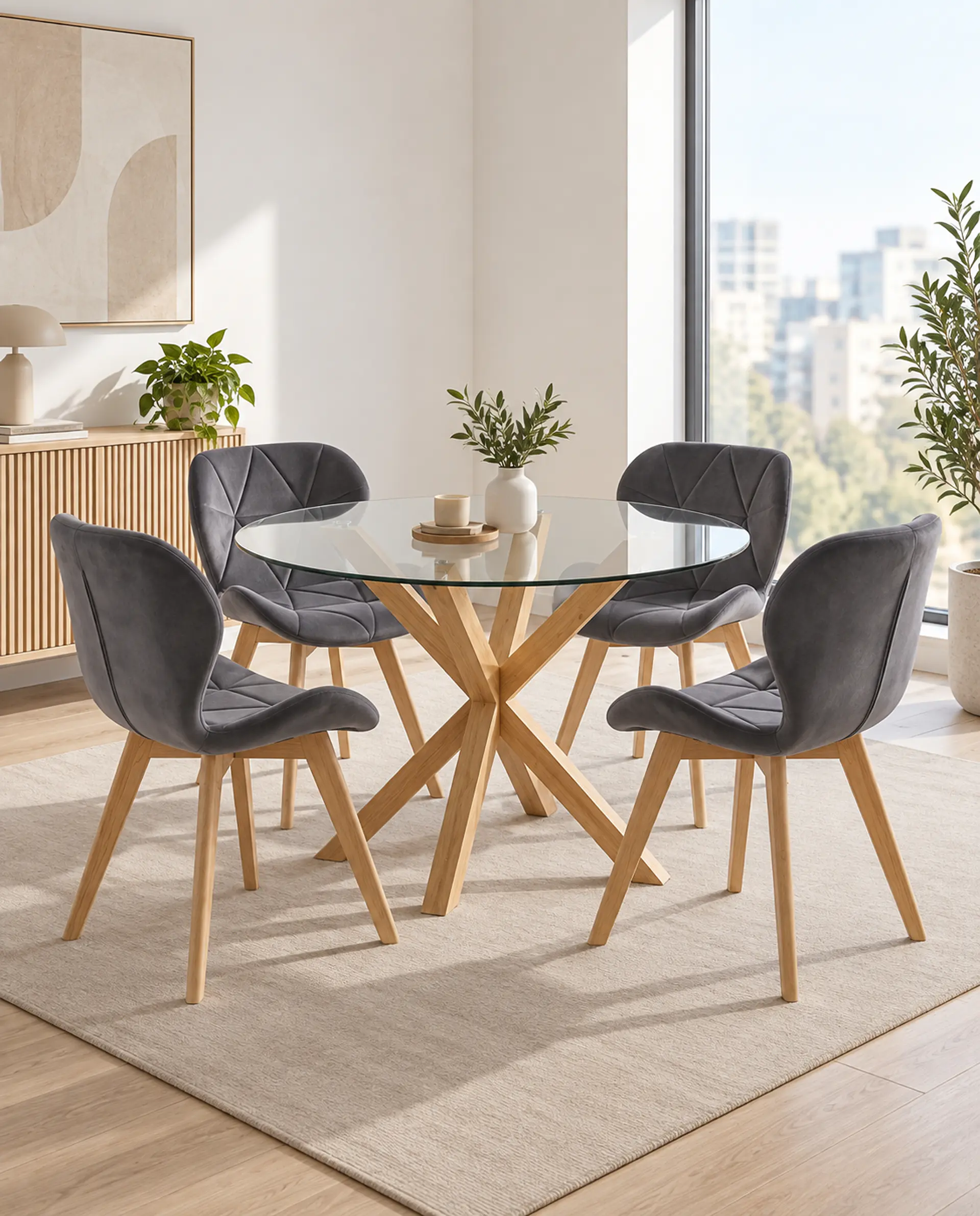 Comedor Redondo Vidrio Madrid con Sillas Radar Velvet 9