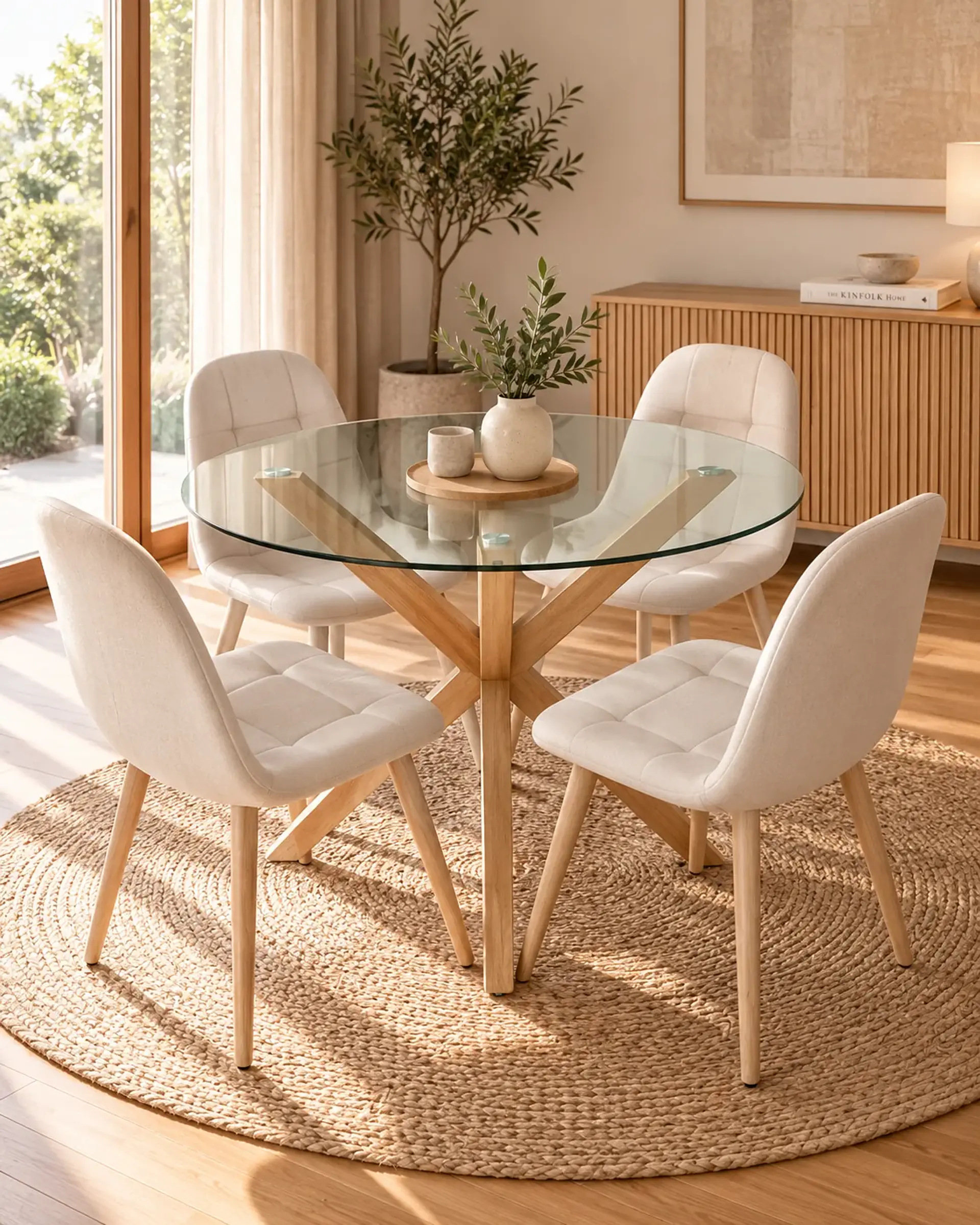 Comedor Redondo Vidrio Madrid con Sillas Capitone 1