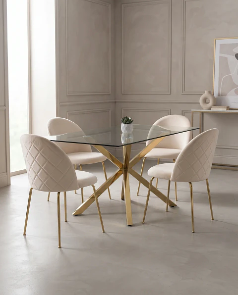 Comedor Rectangular Vidrio Madrid Gold con Sillas Luxury Gold 
