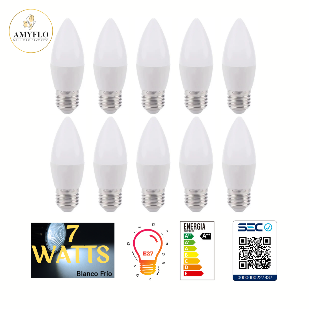 Pack 10 Ampolleta Vela Led E27 7W Luz Fria