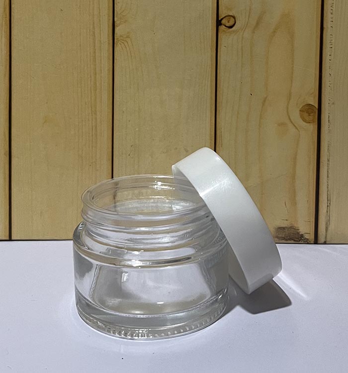 Pote Crema Vidrio transparente 50 ml Tapa Blanca