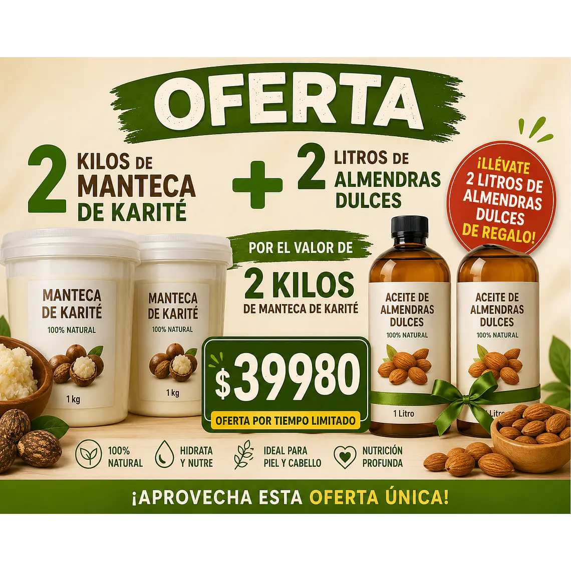 1- 2 kilos de manteca de karite + 2 litros de aceite de almendras dulces  1