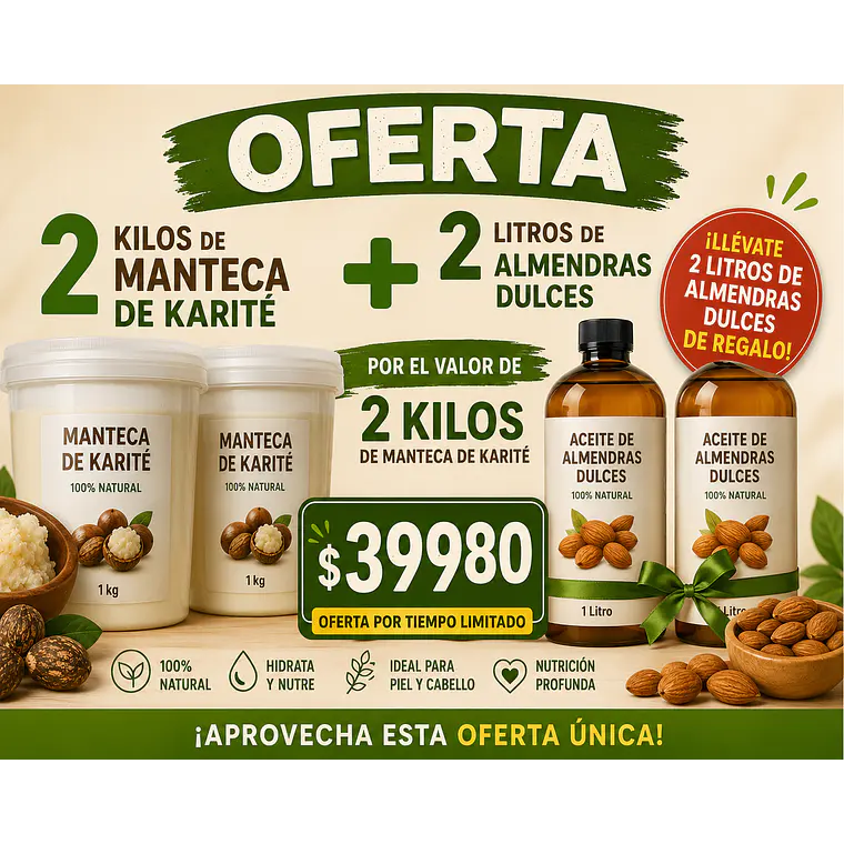1- 2 kilos de manteca de karite + 2 litros de aceite de almendras dulces  1