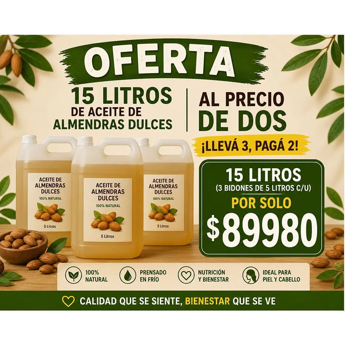 3- 15 litros de aceite de almedras  1