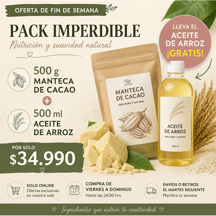 Oferta N°1 500gr de Manteca de Cacao + 500 ml de Aceite de Arroz  1