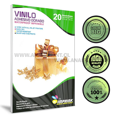 VINILO ADHESIVO DORADO BRILLANTE 80 MIC / A4 /20 HOJAS