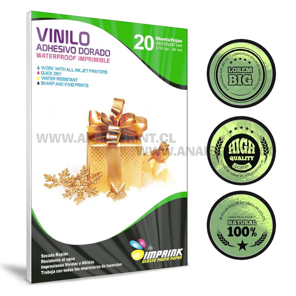 VINILO ADHESIVO DORADO BRILLANTE 80 MIC / A4 /20 HOJAS 1