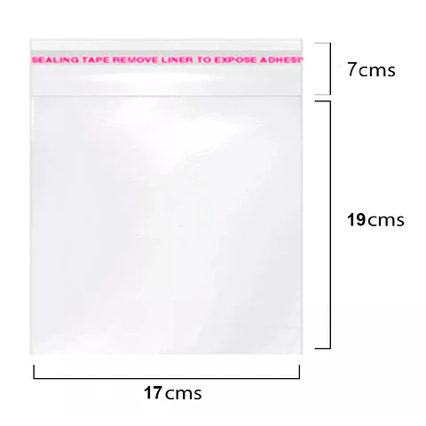 BOLSAS CELOFAN TRANSPARENTE CON ADHESIVO TAMAÑO 17x19 CMS / 100 UNIDADES