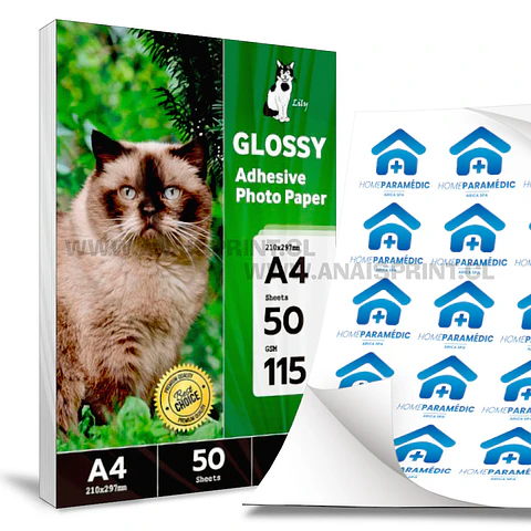 PAPEL ADHESIVO FOTOGRÁFICO BRILLANTE ANTI ÓXIDO 115 GR / A4 / 50 HOJAS