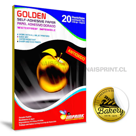 PAPEL FOTOGRAFICO ADHESIVO DORADO 135 GR / A4 / 20 HOJAS